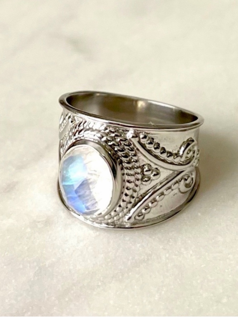 White Rainbow Moonstone Rhodium, Sterling Silver Wide Band, Size 6 Ring